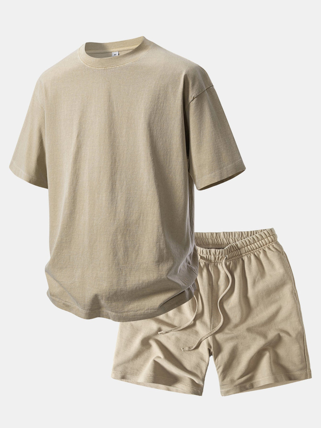 Relaxed Fit Heavyweight Washed Drop Shoulder Tee & Distressed Drawstring Shorts