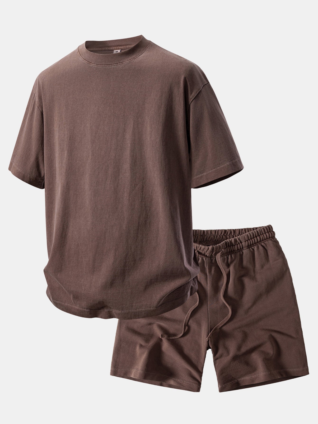 Relaxed Fit Heavyweight Washed Drop Shoulder Tee & Distressed Drawstring Shorts
