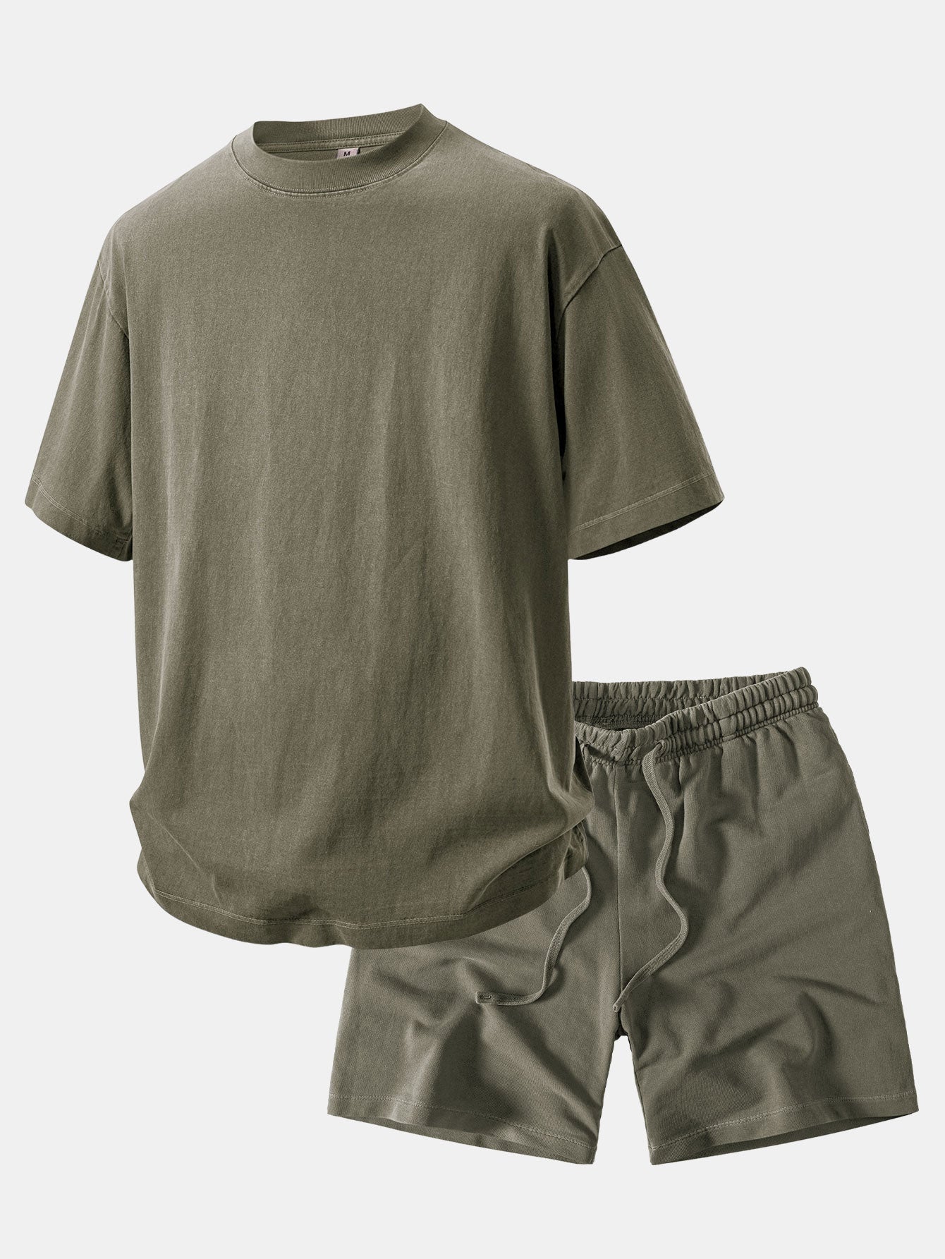 Relaxed Fit Heavyweight Washed Drop Shoulder Tee & Distressed Drawstring Shorts