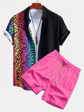 Vibrant Tiger Patchwork Button-Up Shirt with Matching Swim Shorts
