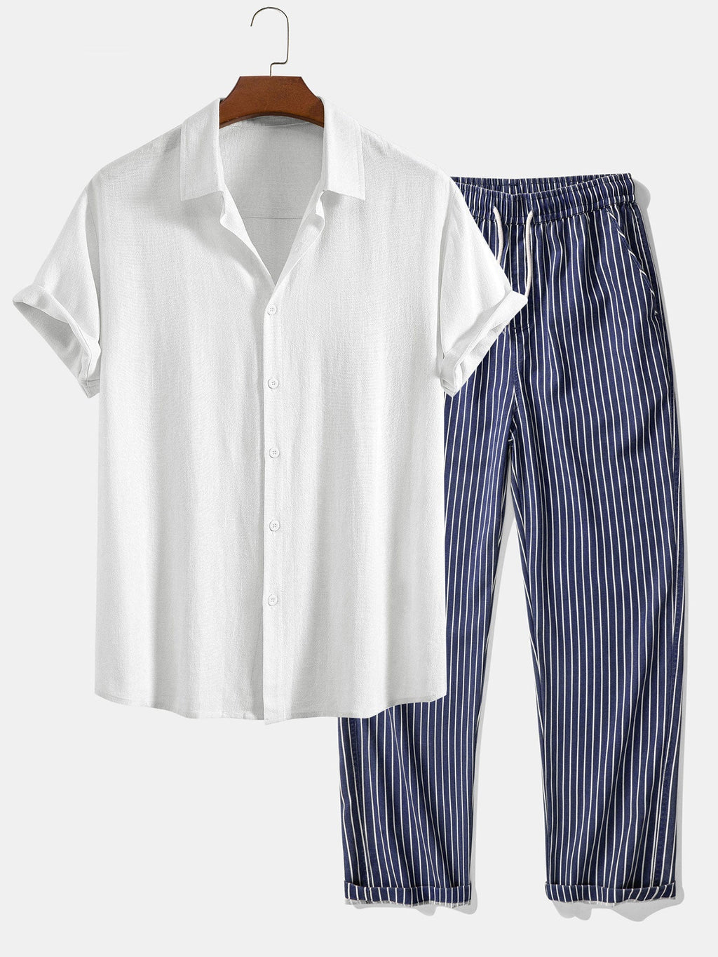 Linen-Rayon Blend Button-Up Shirt with Striped Straight-Leg Linen Pants