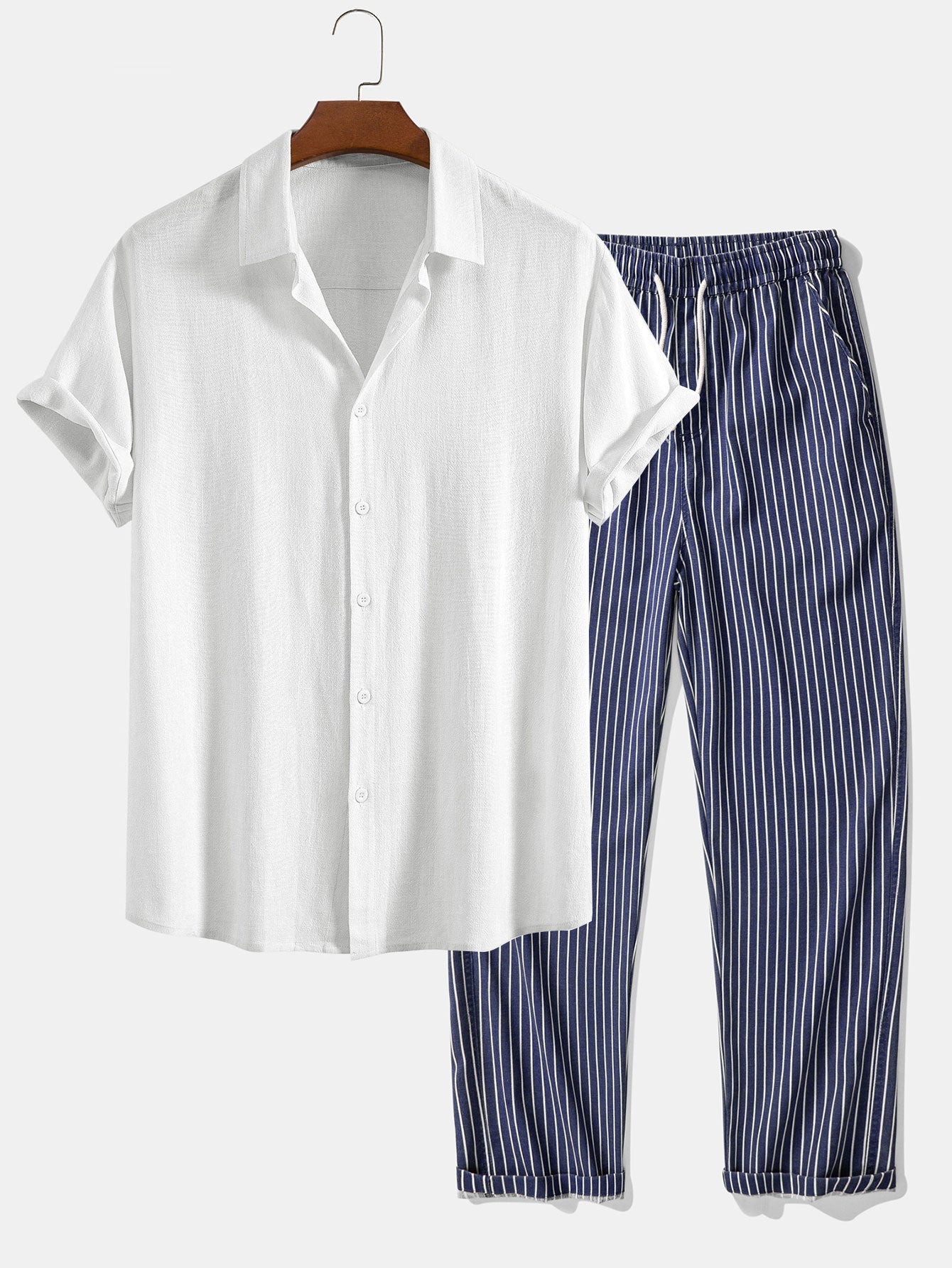 Linen-Rayon Blend Button-Up Shirt with Striped Straight-Leg Linen Pants