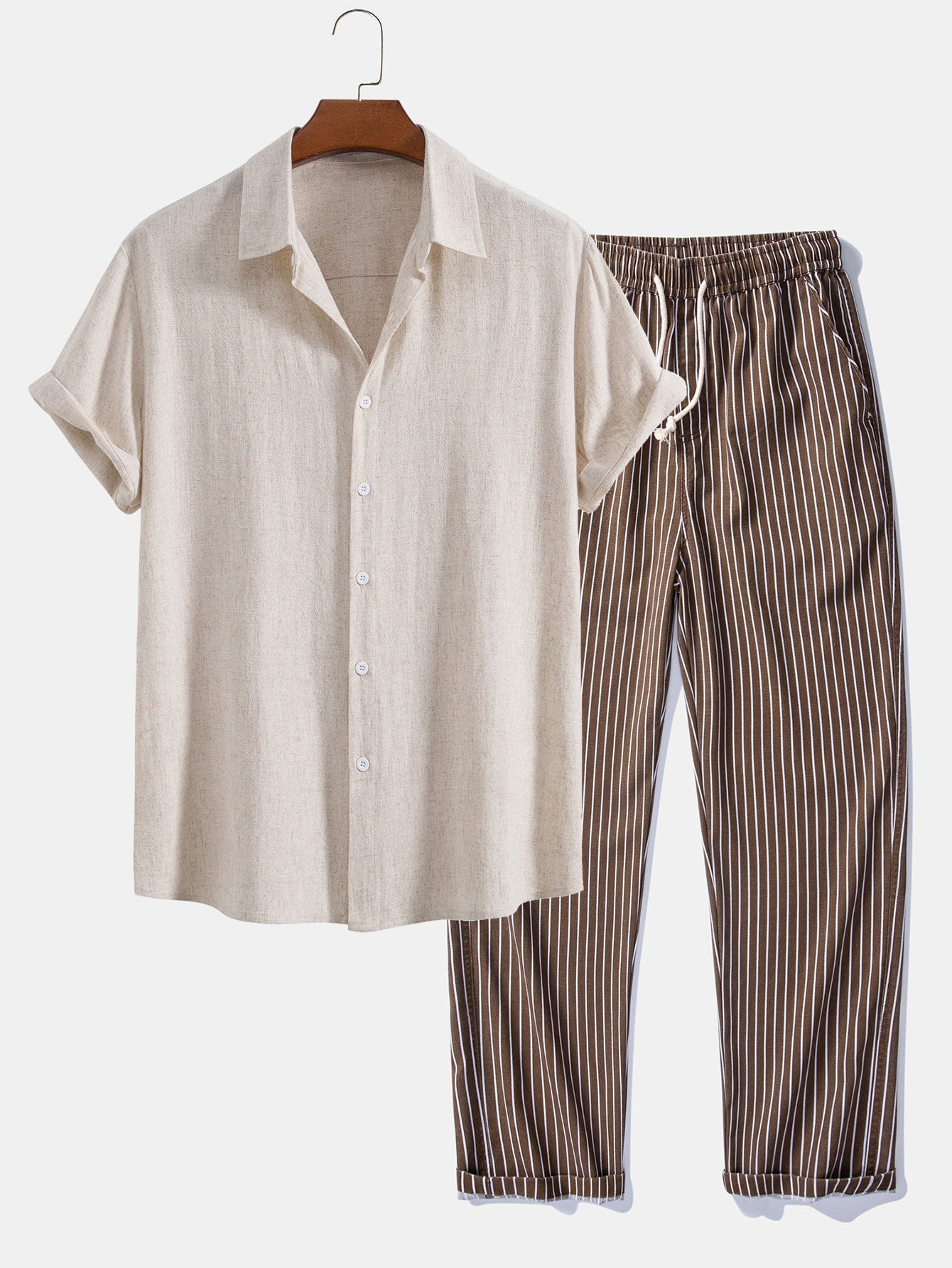 Linen-Rayon Blend Button-Up Shirt with Striped Straight-Leg Linen Pants