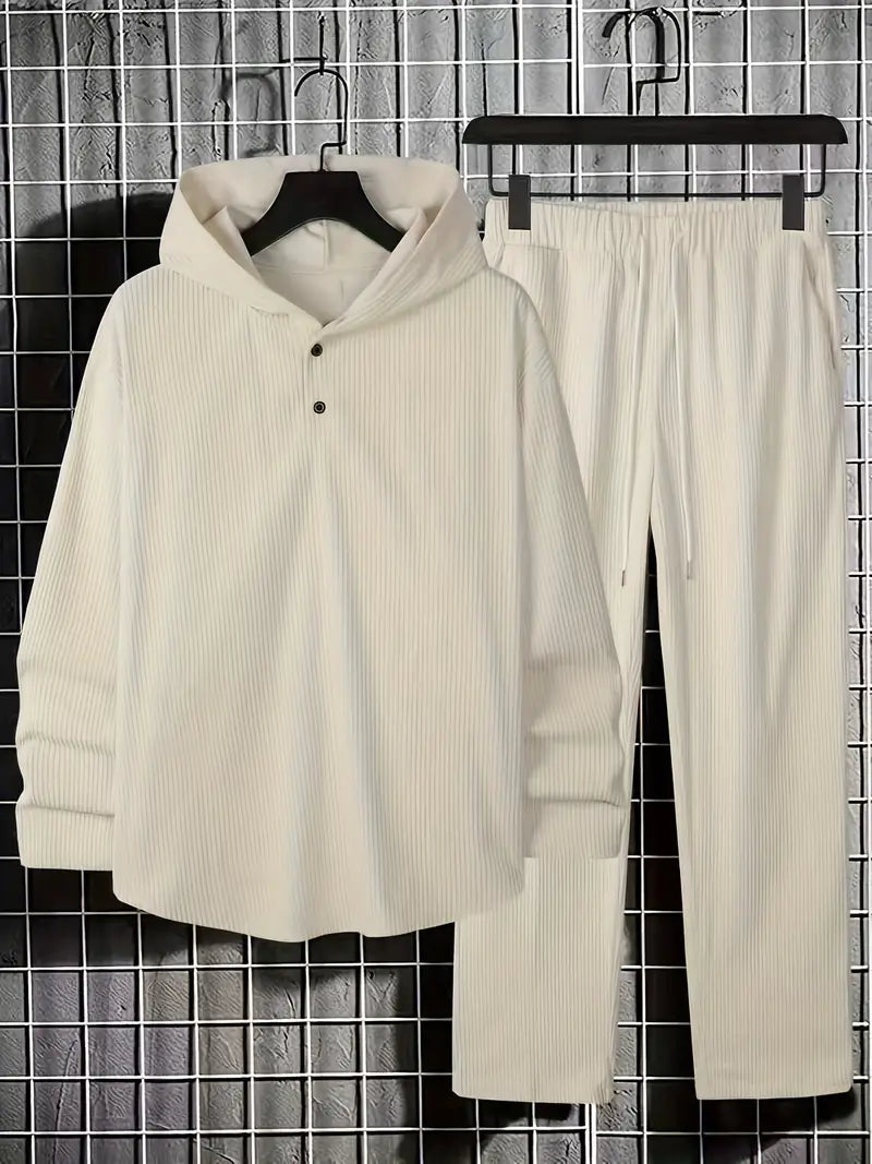 Men's Solid Corduroy Hoodie and Jogger Ensemble
