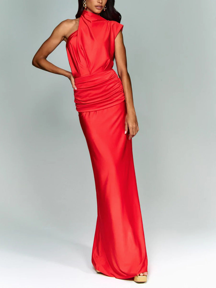 Elegant Asymmetric Neckline Pleated Party Maxi Dress