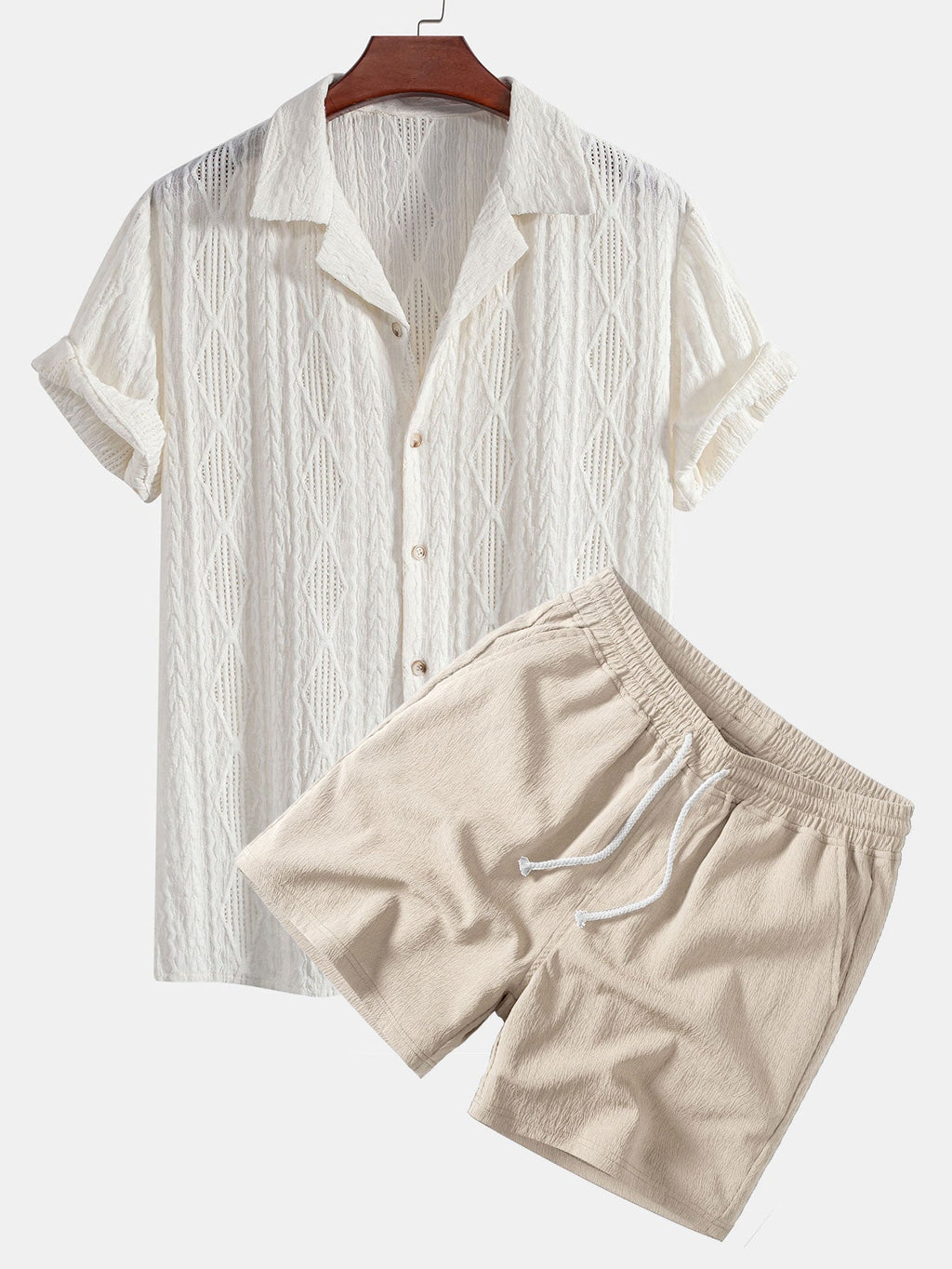 Geometric Jacquard Eyelet Cuban Shirt with Crinkle Textured 5" Drawstring Shorts