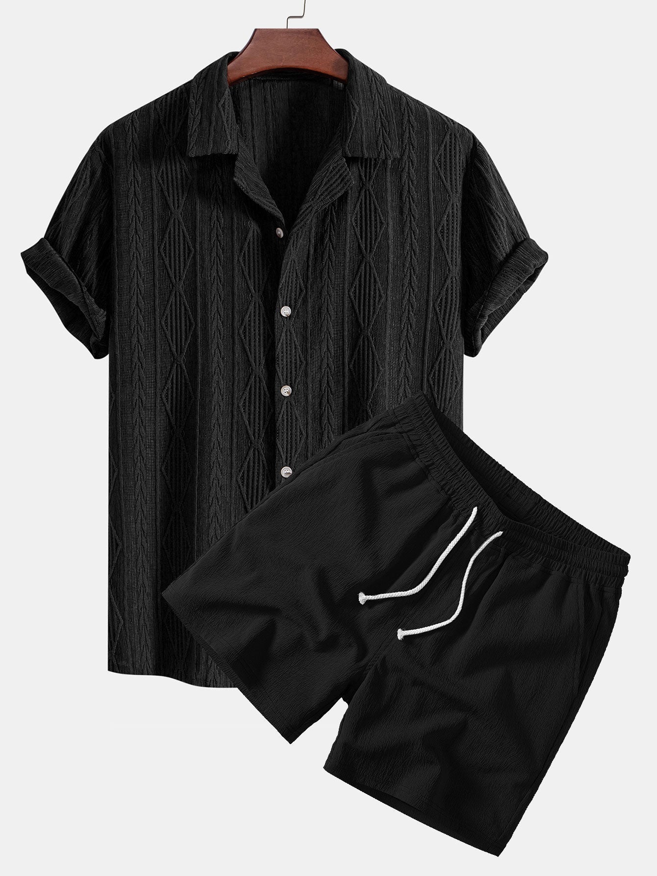 Geometric Jacquard Eyelet Cuban Shirt with Crinkle Textured 5" Drawstring Shorts