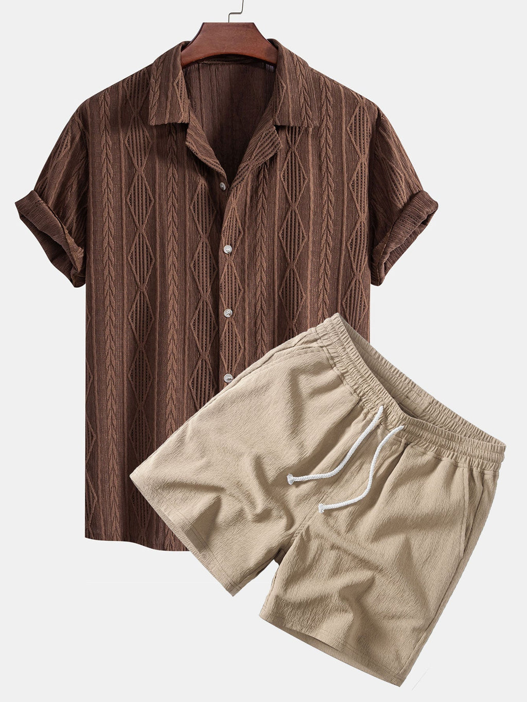 Geometric Jacquard Eyelet Cuban Shirt with Crinkle Textured 5" Drawstring Shorts