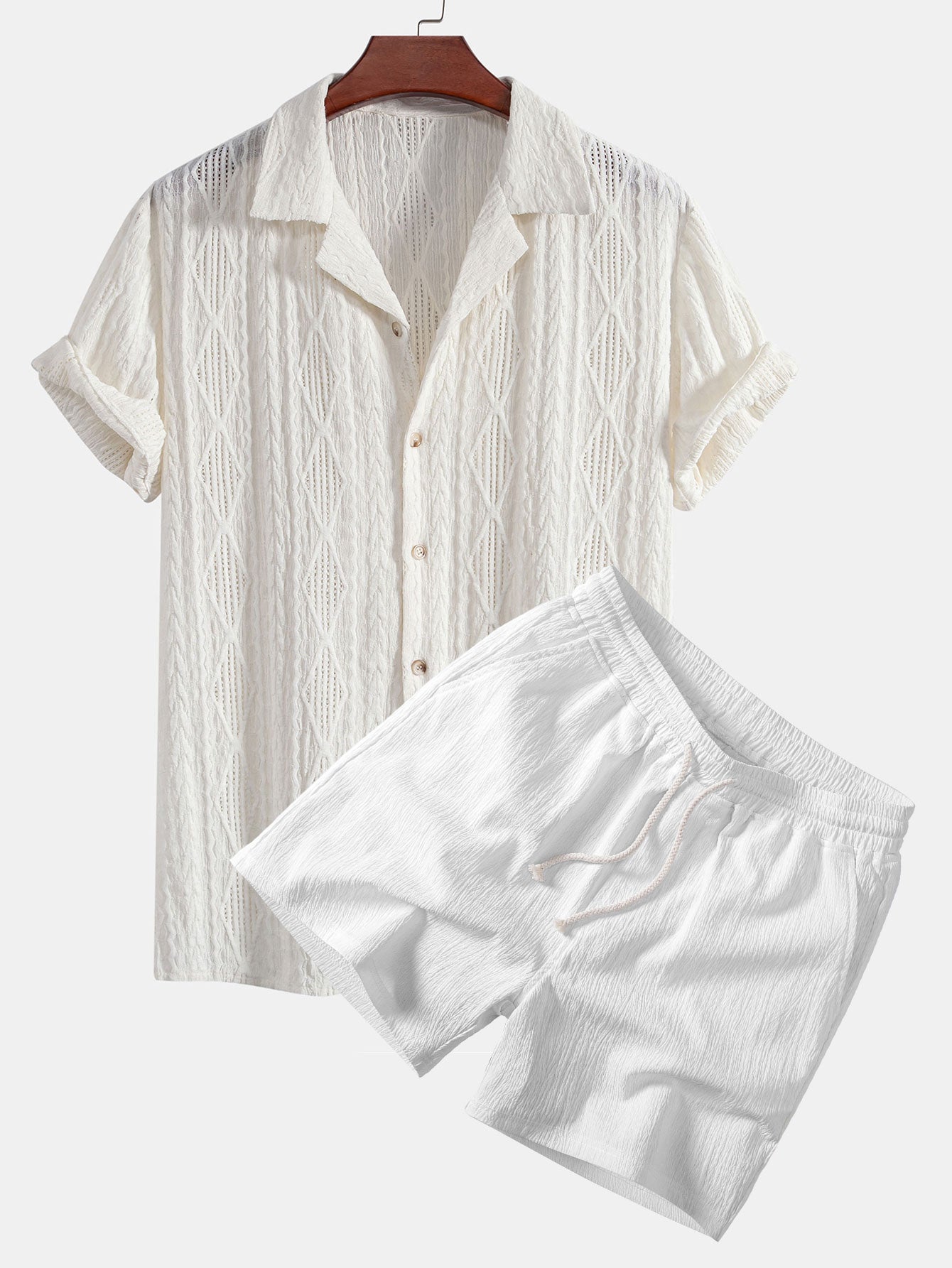 Geometric Jacquard Eyelet Cuban Shirt with Crinkle Textured 5" Drawstring Shorts