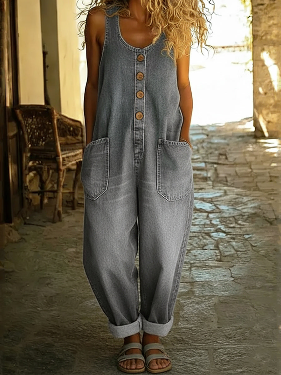 Women's Casual Cotton Vest and Denim Jumpsuit