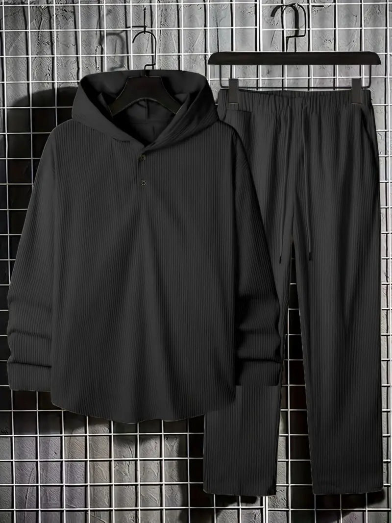 Men's Solid Corduroy Hoodie and Jogger Ensemble