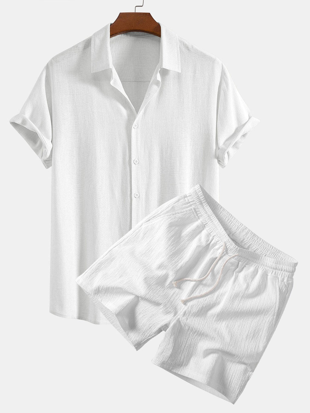 Linen-Rayon Blend Button-Up Shirt with Crinkle Textured 5" Drawstring Shorts