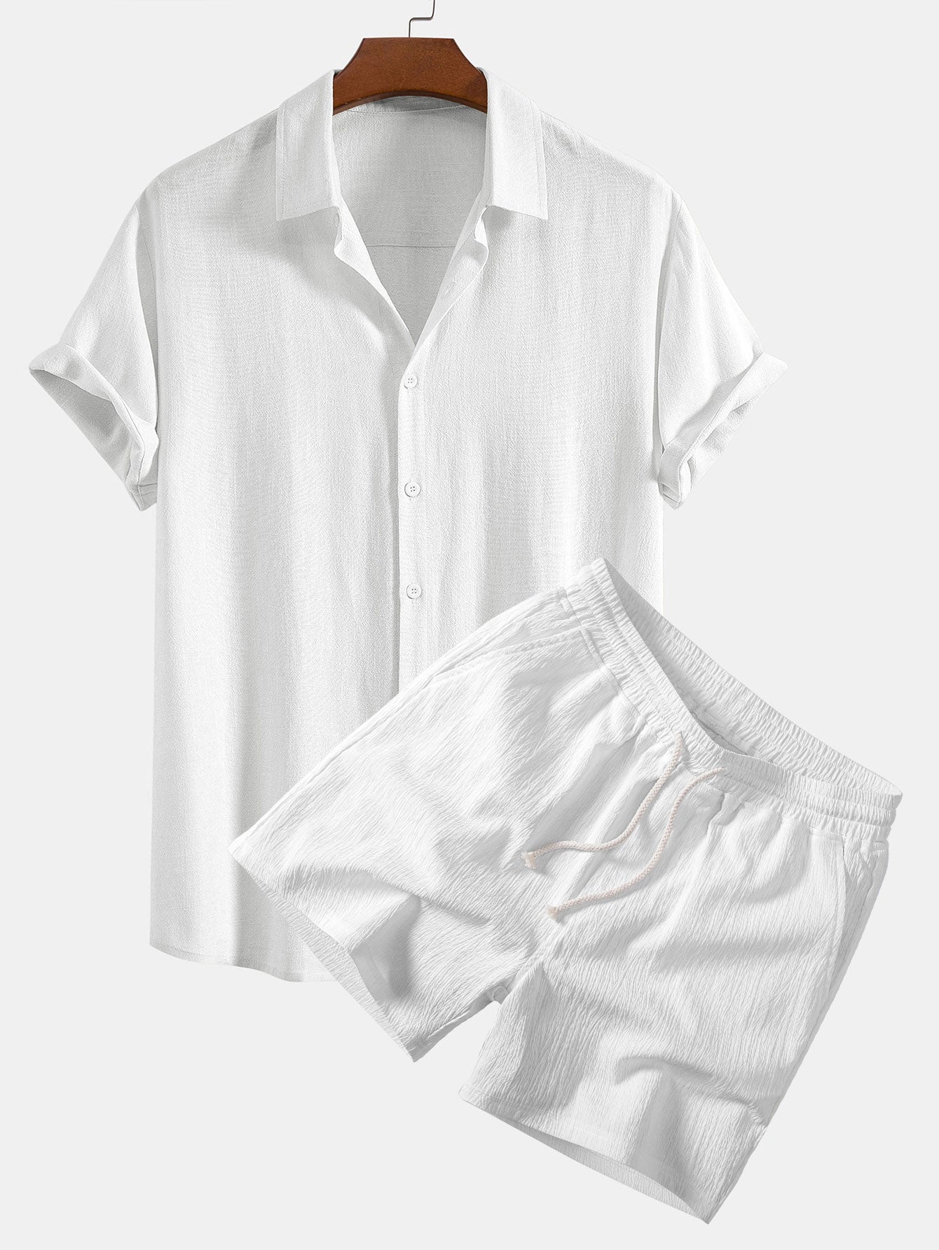 Linen-Rayon Blend Button-Up Shirt with Crinkle Textured 5" Drawstring Shorts