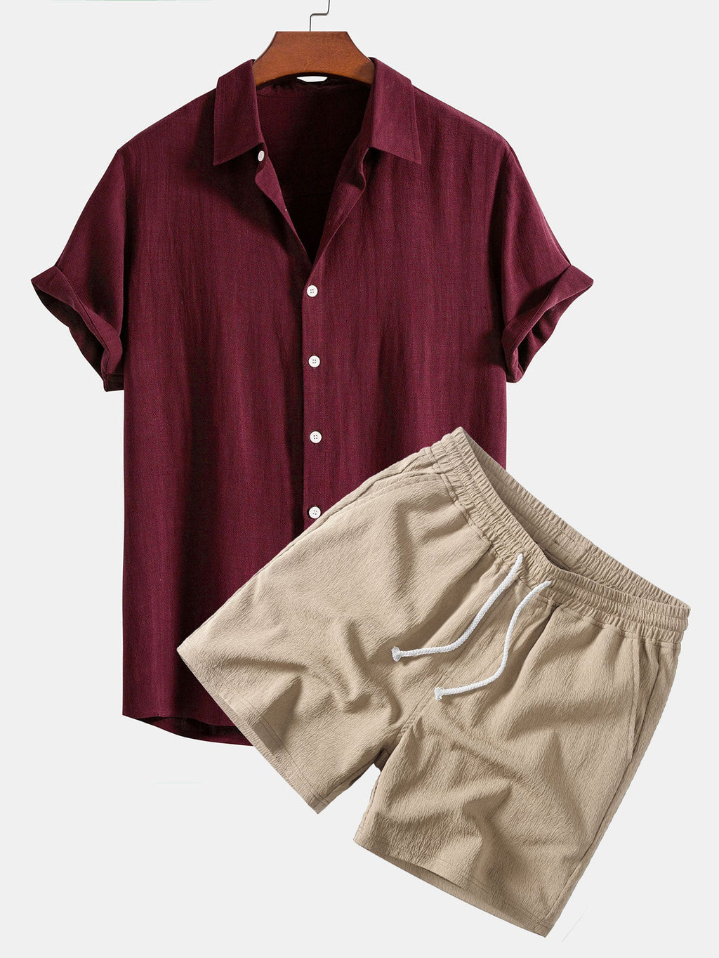 Linen-Rayon Blend Button-Up Shirt with Crinkle Textured 5" Drawstring Shorts