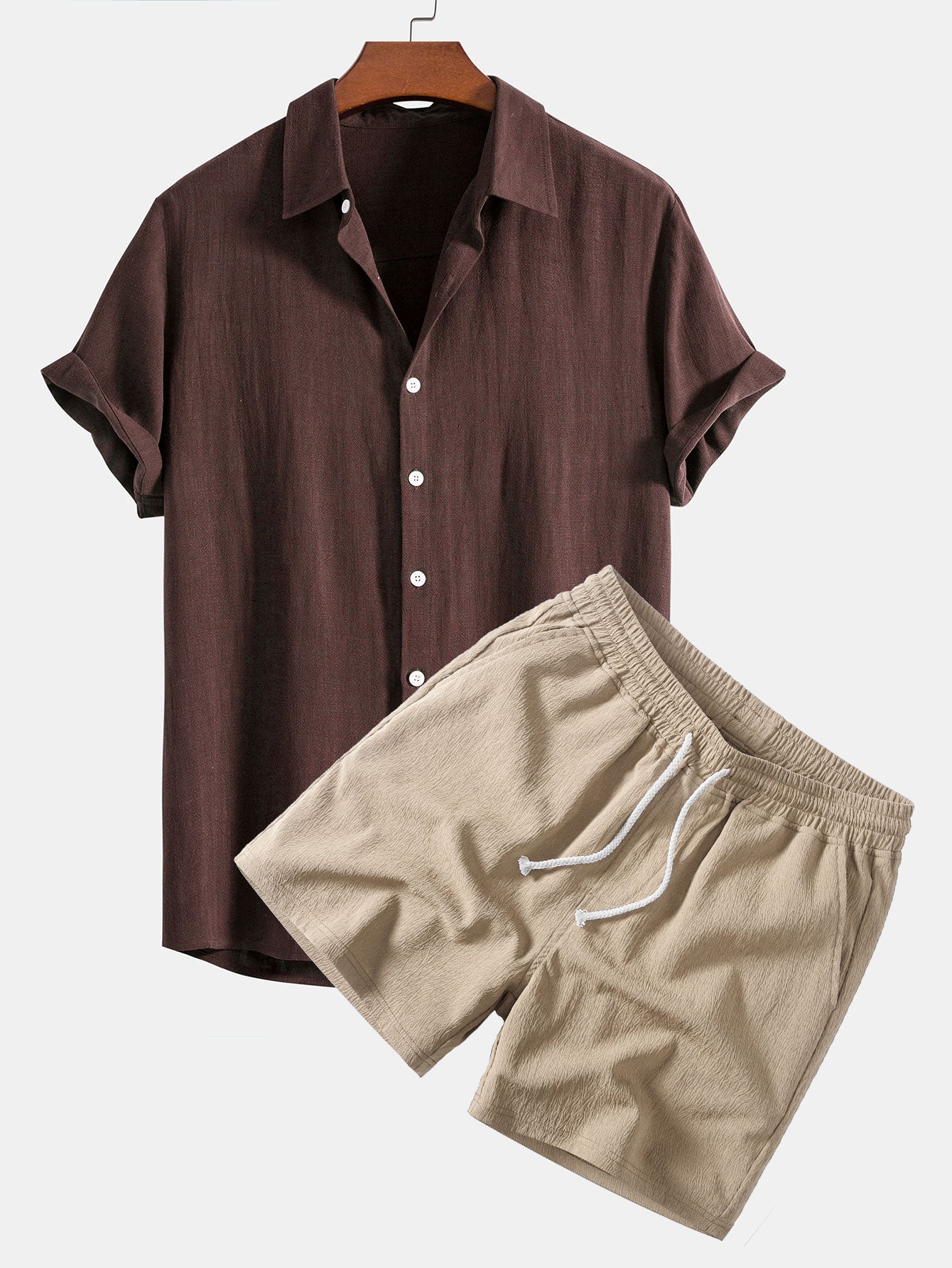 Linen-Rayon Blend Button-Up Shirt with Crinkle Textured 5" Drawstring Shorts