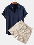Linen-Rayon Blend Button-Up Shirt with Crinkle Textured 5" Drawstring Shorts