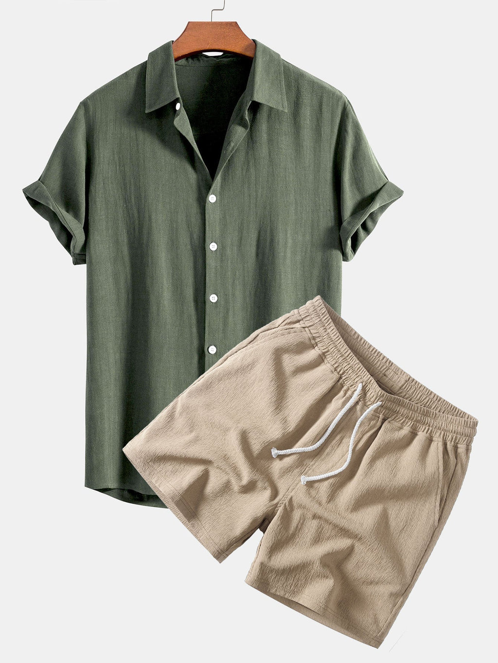 Linen-Rayon Blend Button-Up Shirt with Crinkle Textured 5" Drawstring Shorts