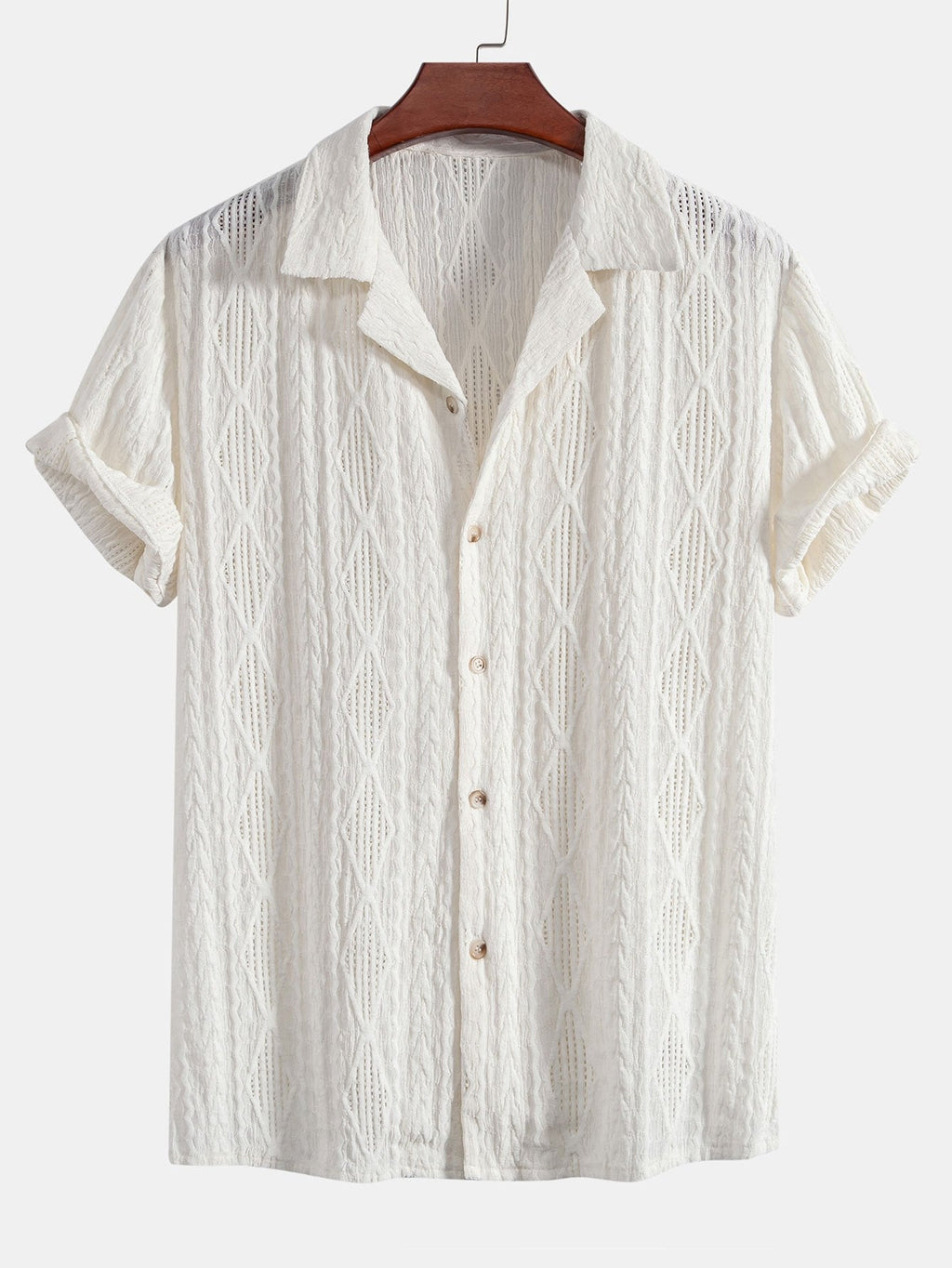 Geometric Jacquard Eyelet Cuban Shirt with Crinkle Textured 5" Drawstring Shorts