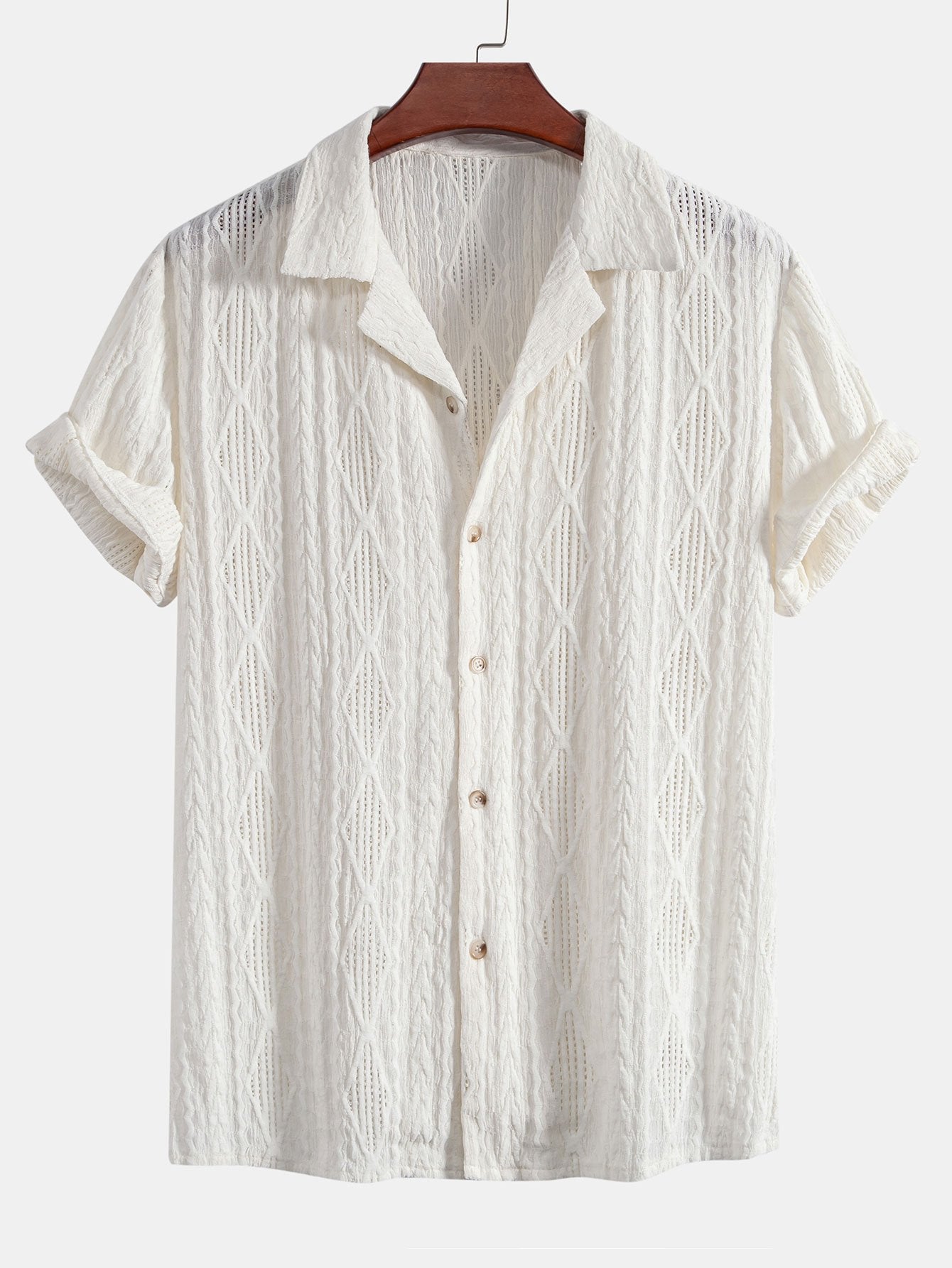 Geometric Jacquard Eyelet Cuban Shirt with Crinkle Textured 5" Drawstring Shorts