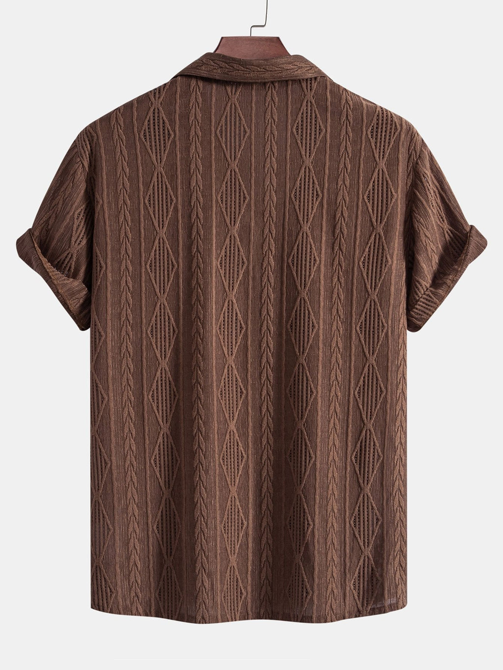 Geometric Jacquard Eyelet Cuban Shirt with Crinkle Textured 5" Drawstring Shorts