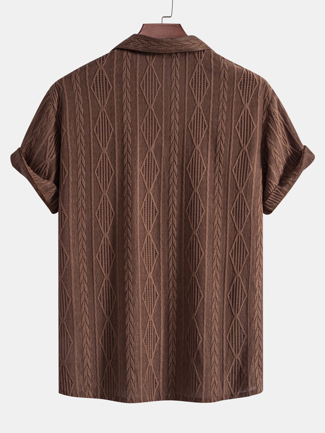 Geometric Jacquard Eyelet Cuban Shirt with Crinkle Textured 5" Drawstring Shorts