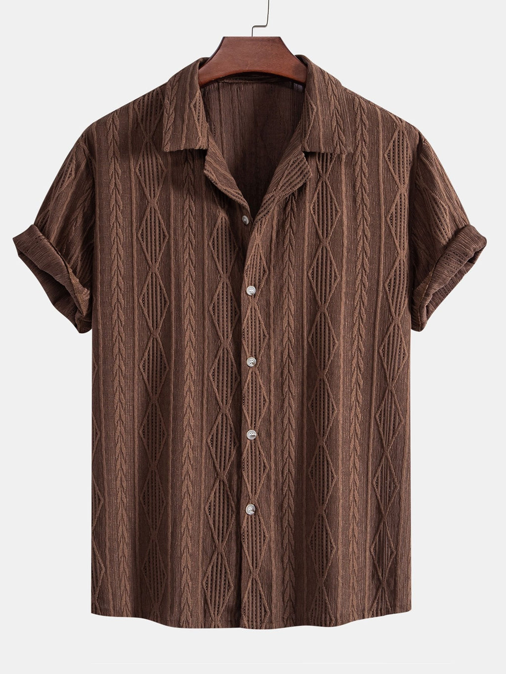 Geometric Jacquard Eyelet Cuban Shirt with Crinkle Textured 5" Drawstring Shorts