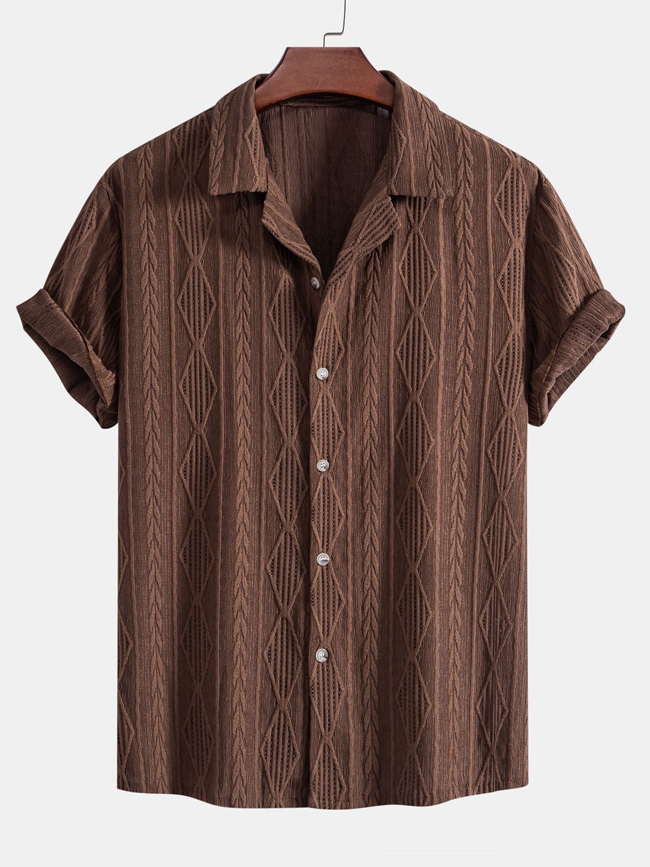 Geometric Jacquard Eyelet Cuban Shirt with Crinkle Textured 5" Drawstring Shorts